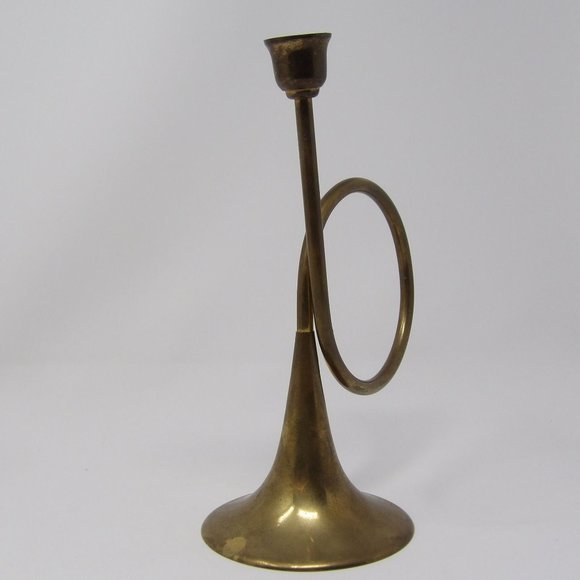 Vintage Brass French Horn Candle Stick Holder 9" H x 4 1/2" W - Picture 6 of 10